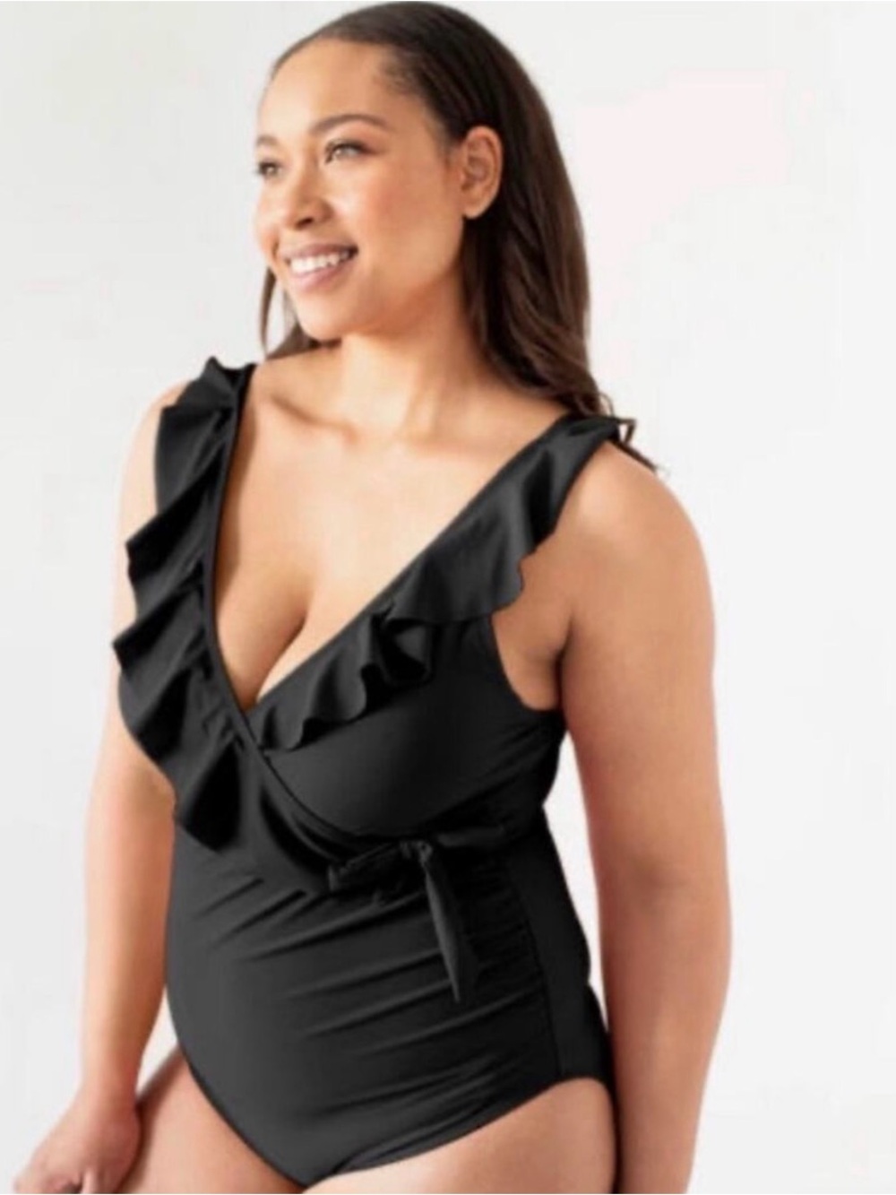 Kindred Bravely Maternity Large Busty Black Ruffle Wrap One-Piece Swimsuit